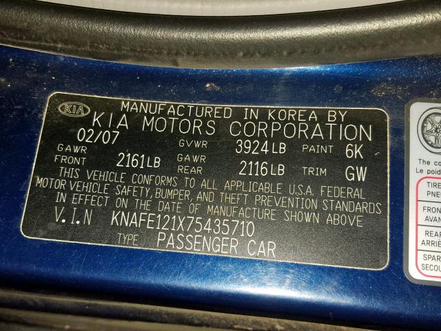 KNAFE121X75435710 - 2007 KIA SPECTRA EX BLUE photo 10