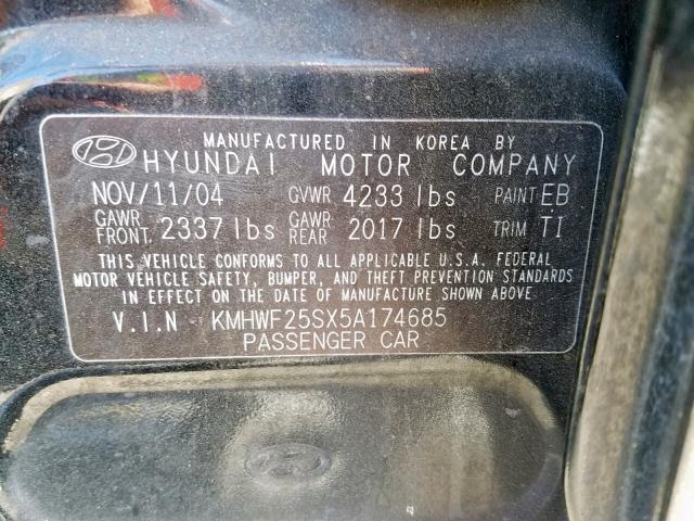 KMHWF25SX5A174685 - 2005 HYUNDAI SONATA GL BLACK photo 10