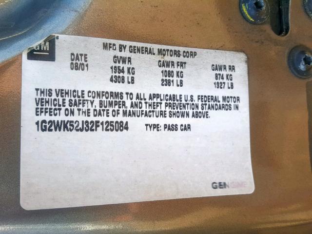 1G2WK52J32F125084 - 2002 PONTIAC GRAND PRIX GRAY photo 10