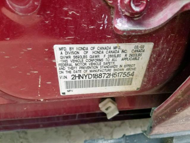 2HNYD18872H517554 - 2002 ACURA MDX TOURIN RED photo 10