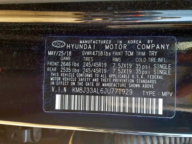 KM8J33AL6JU771929 - 2018 HYUNDAI TUCSON SPO BLACK photo 10