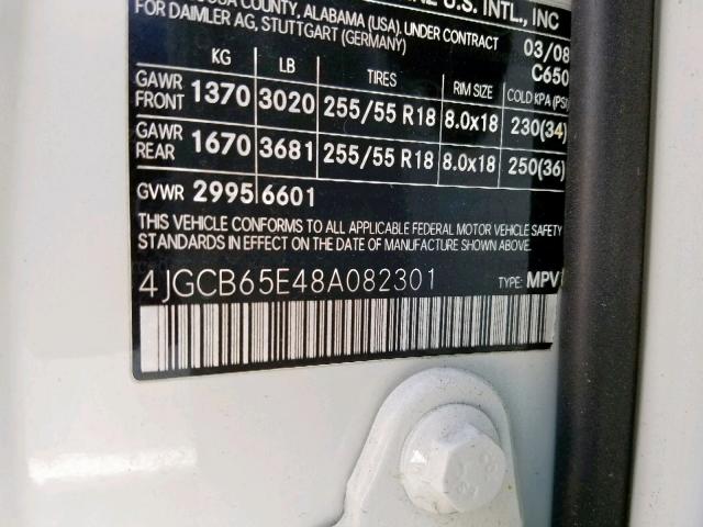 4JGCB65E48A082301 - 2008 MERCEDES-BENZ R 350 WHITE photo 10