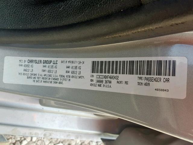 1C3CCCABXFN603432 - 2015 CHRYSLER 200 LIMITE GRAY photo 10