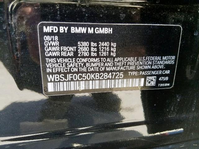 WBSJF0C50KB284725 - 2019 BMW M5 BLACK photo 10
