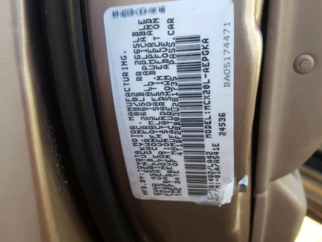 4T1BF28B03U281735 - 2003 TOYOTA AVALON XL TAN photo 10