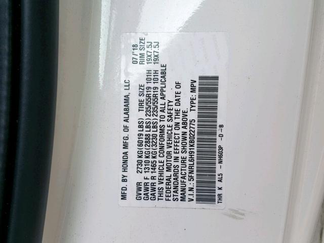 5FNRL6H91KB022775 - 2019 HONDA ODYSSEY EL WHITE photo 10