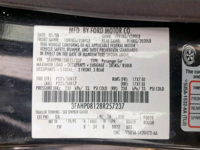 3FAHP08128R257237 - 2008 FORD FUSION SEL BLACK photo 10