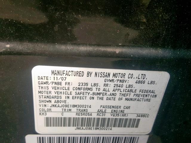JNKAJ09E18M300214 - 2008 INFINITI EX35 BASE BLACK photo 10