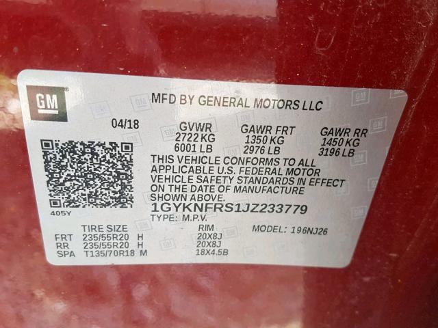 1GYKNFRS1JZ233779 - 2018 CADILLAC XT5 PREMIU RED photo 10