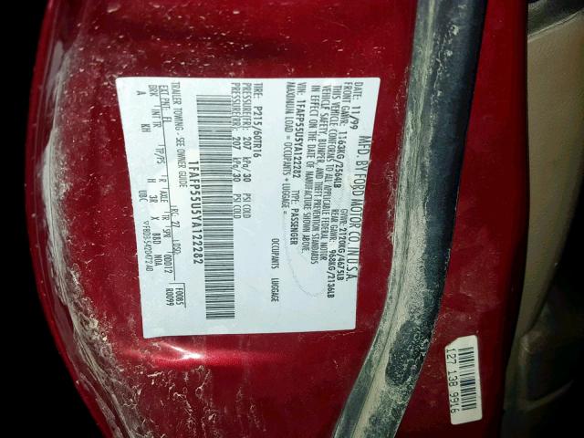 1FAFP55U5YA122282 - 2000 FORD TAURUS SES BURGUNDY photo 10