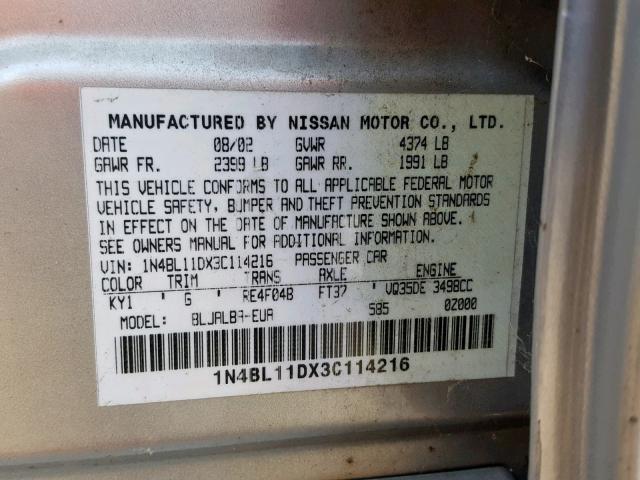 1N4BL11DX3C114216 - 2003 NISSAN ALTIMA SE GRAY photo 10