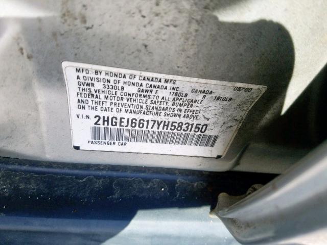 2HGEJ6617YH583150 - 2000 HONDA CIVIC BASE SILVER photo 10