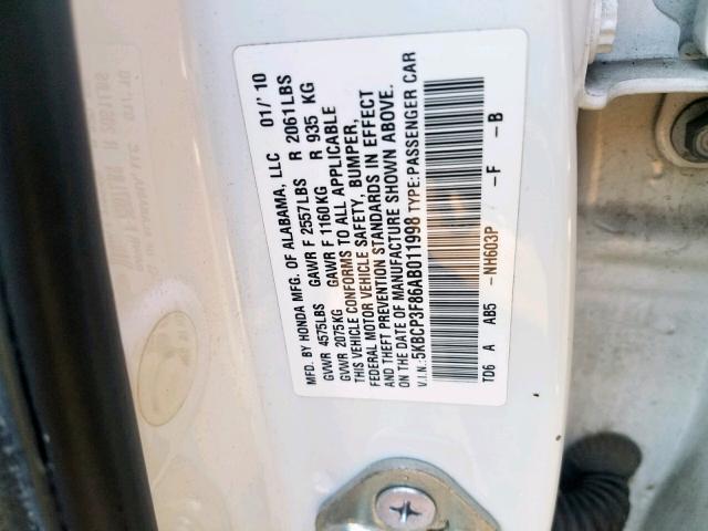 5KBCP3F86AB011998 - 2010 HONDA ACCORD EXL WHITE photo 10