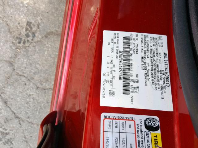 3FAHP0KC1AR273560 - 2010 FORD FUSION SPO RED photo 10