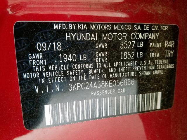 3KPC24A38KE056866 - 2019 HYUNDAI ACCENT SE RED photo 10