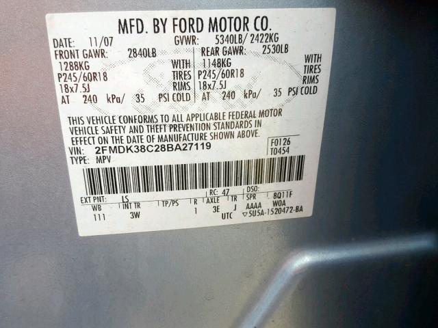 2FMDK38C28BA27119 - 2008 FORD EDGE SEL BLUE photo 10