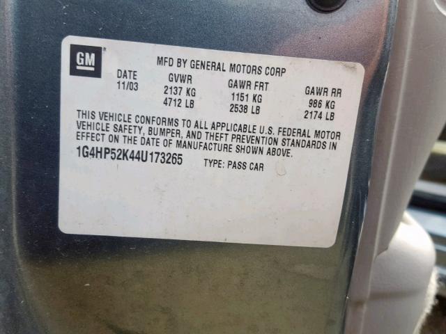 1G4HP52K44U173265 - 2004 BUICK LESABRE CU GRAY photo 10