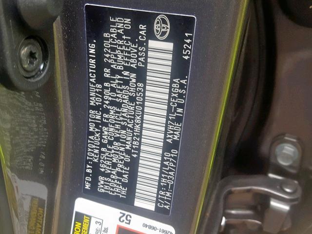 4T1B21HK8KU010538 - 2019 TOYOTA CAMRY HYBR GRAY photo 10