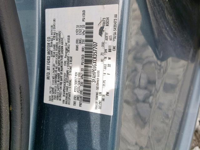 3FAHP0JGXCR357707 - 2012 FORD FUSION SEL BLUE photo 10