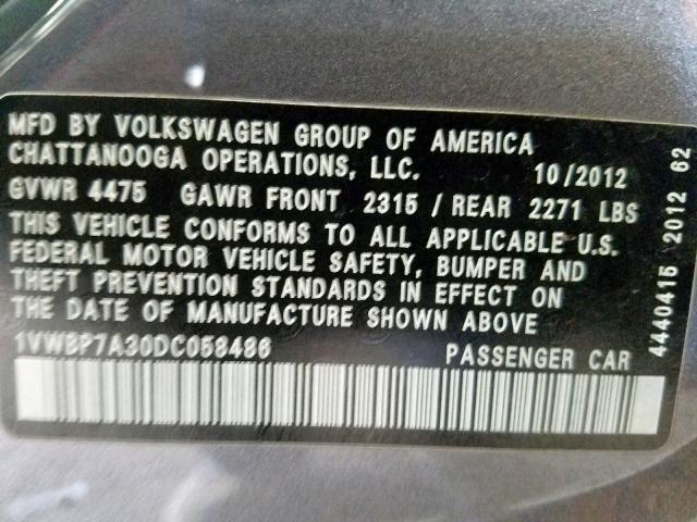 1VWBP7A30DC058486 - 2013 VOLKSWAGEN PASSAT SE GRAY photo 10