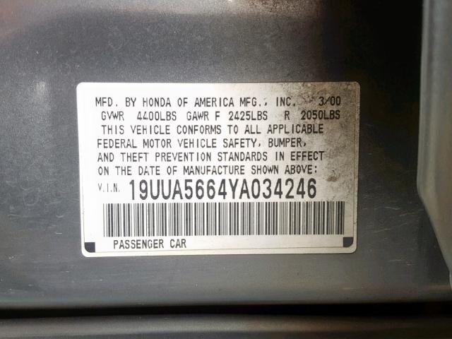 19UUA5664YA034246 - 2000 ACURA 3.2TL GRAY photo 10