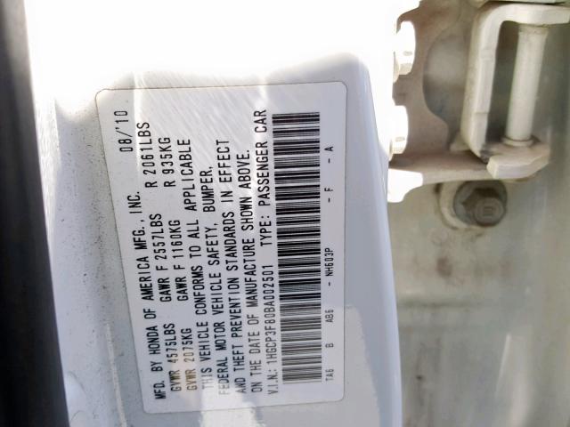 1HGCP3F80BA002501 - 2011 HONDA ACCORD EXL WHITE photo 10