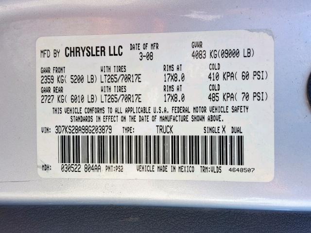 3D7KS28A98G203879 - 2008 DODGE RAM 2500 S ვერცხლისფერი ფოტო 10