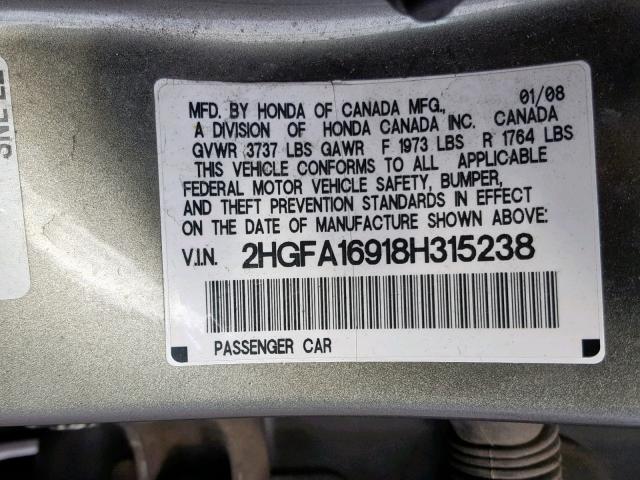 2HGFA16918H315238 - 2008 HONDA CIVIC EXL 灰色 照片 10