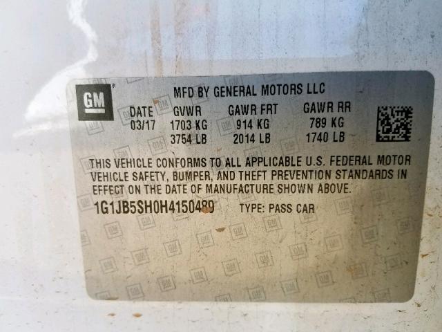 1G1JB5SH0H4150489 - 2017 CHEVROLET SONIC LS WHITE photo 10