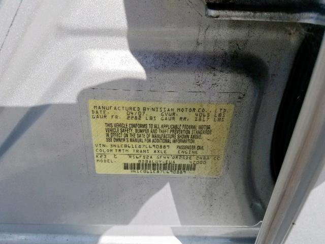 3N1CB61E87L690889 - 2007 NISSAN SENTRA SE- SILVER photo 10