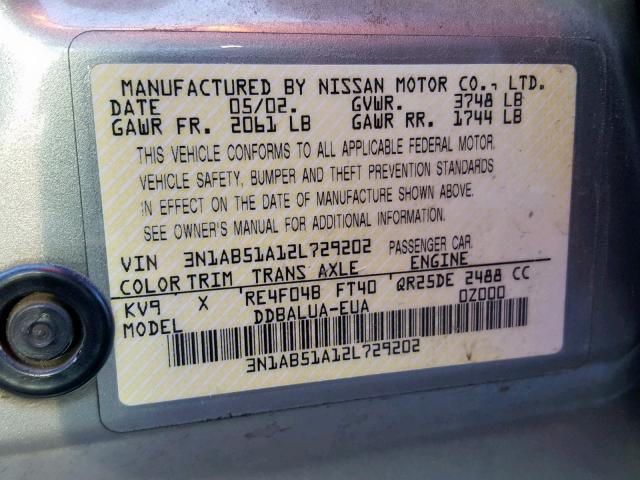 3N1AB51A12L729202 - 2002 NISSAN SENTRA SE- SILVER photo 10