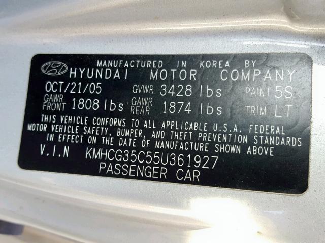 KMHCG35C55U361927 - 2005 HYUNDAI ACCENT GS SILVER photo 10