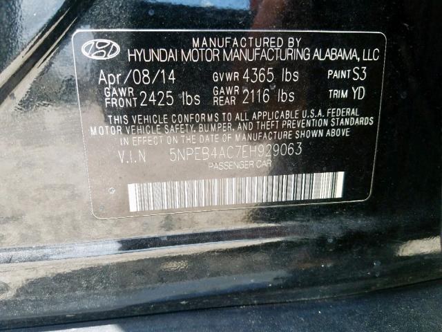 5NPEB4AC7EH929063 - 2014 HYUNDAI SONATA GLS BLACK photo 10