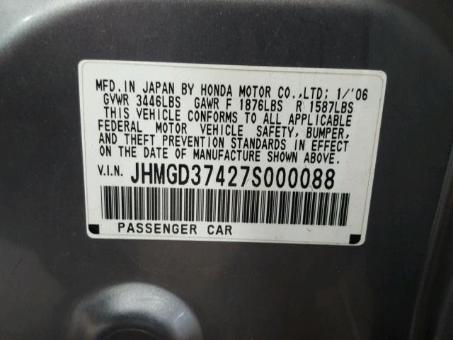 JHMGD37427S000088 - 2007 HONDA FIT SILVER photo 10