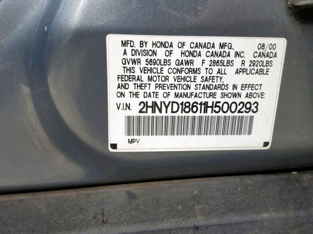 2HNYD18611H500293 - 2001 ACURA MDX TOURIN GRAY photo 10