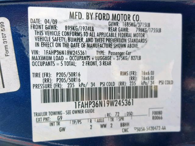 1FAHP36N19W245361 - 2009 FORD FOCUS SES BLUE photo 10