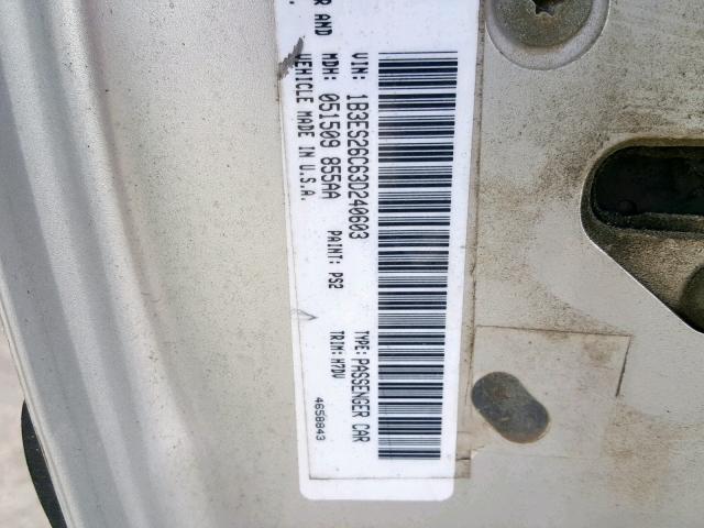 1B3ES26C63D240603 - 2003 DODGE NEON SE SILVER photo 10