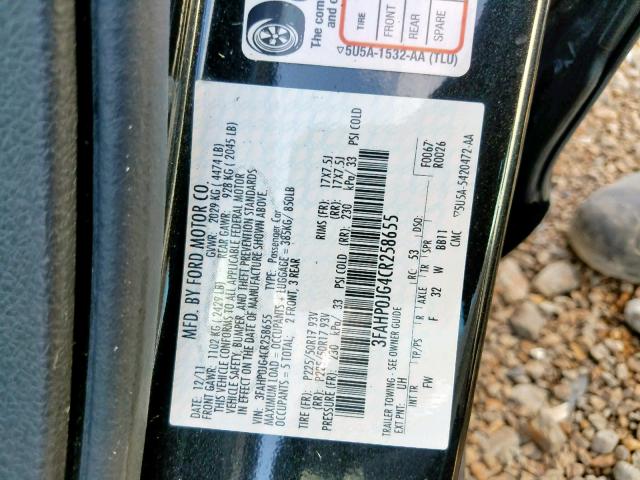 3FAHP0JG4CR258655 - 2012 FORD FUSION SEL BLACK photo 10