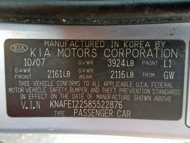 KNAFE122585522876 - 2008 KIA SPECTRA EX BLUE photo 10