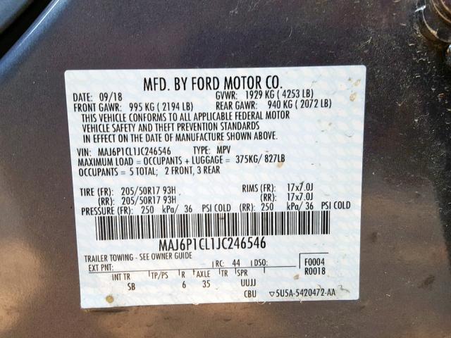 MAJ6P1CL1JC246546 - 2018 FORD ECOSPORT S GRAY photo 10