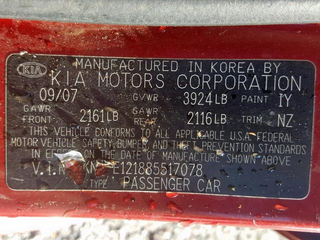 KNAFE121885517078 - 2008 KIA SPECTRA EX RED photo 10