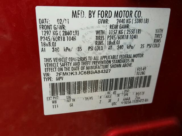 2FMDK3JC6BBA84327 - 2011 FORD EDGE SEL RED photo 10