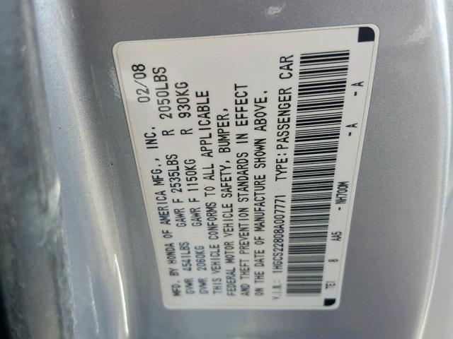 1HGCS22808A007771 - 2008 HONDA ACCORD EXL GRAY photo 10