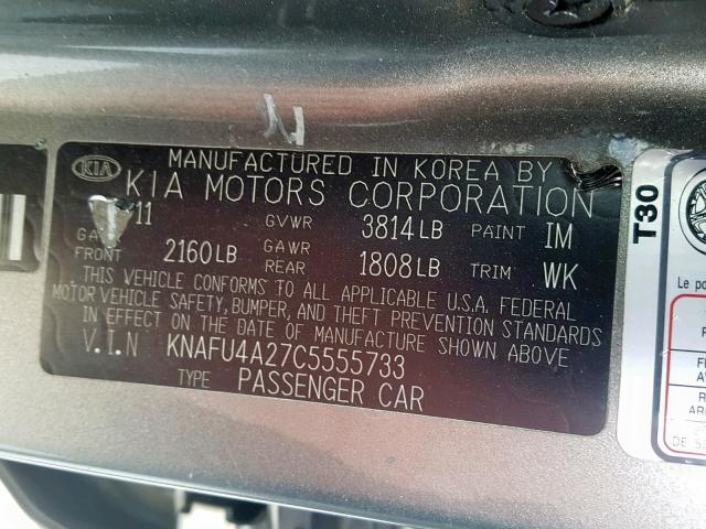 KNAFU4A27C5555733 - 2012 KIA FORTE EX CHARCOAL photo 10