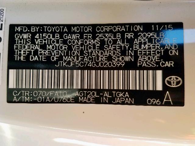 JTKJF5C74GJ020399 - 2016 TOYOTA SCION TC თეთრი ფოტო 10