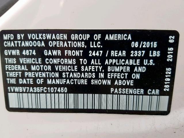 1VWBV7A35FC107450 - 2015 VOLKSWAGEN PASSAT SE WHITE photo 10