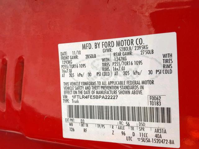 1FTLR4FE5BPA22227 - 2011 FORD RANGER SUP RED photo 10