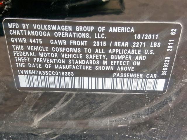 1VWBH7A35CC018383 - 2012 VOLKSWAGEN PASSAT SE BLACK photo 10