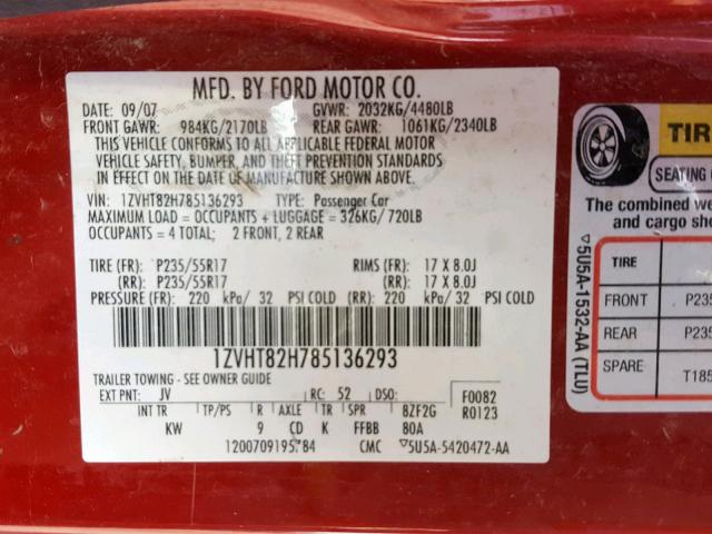 1ZVHT82H785136293 - 2008 FORD MUSTANG GT RED photo 10