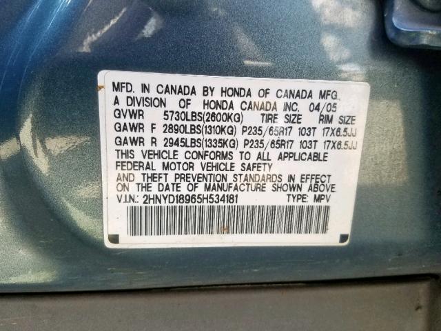 2HNYD18965H534181 - 2005 ACURA MDX TOURIN TEAL photo 10